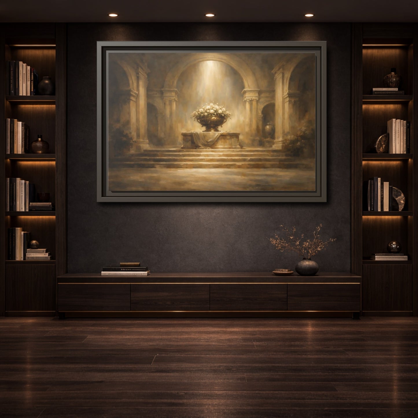 Mockup 3. Vintage Flower Urn Brown And Gold shown as stretched canvas wall art