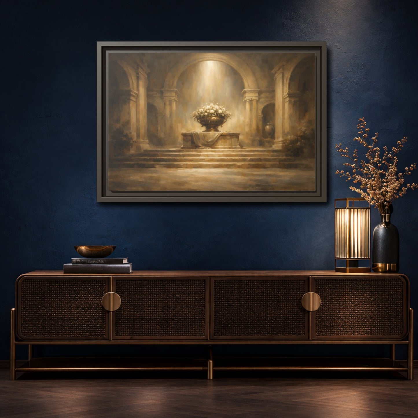 Mockup 4. Vintage Flower Urn Brown And Gold shown as stretched canvas wall art
