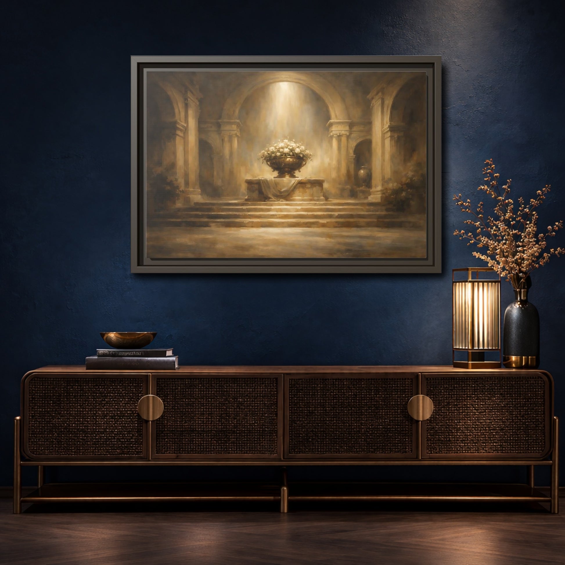 Mockup 4. Vintage Flower Urn Brown And Gold shown as stretched canvas wall art