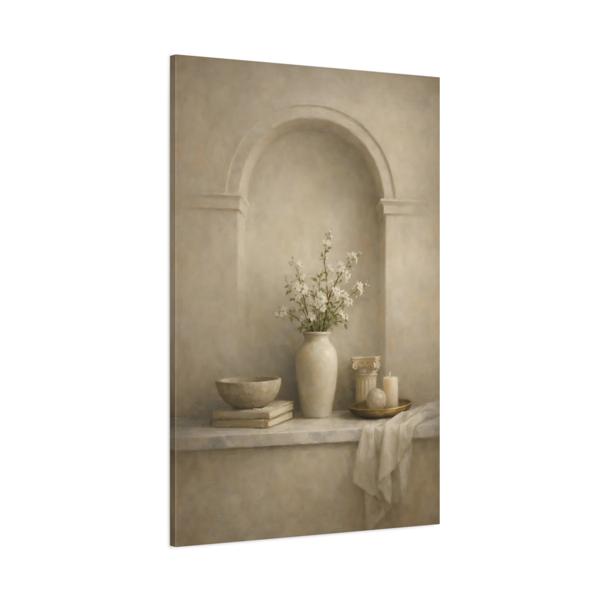 Main Mockup. Vintage Flower Vase Neutral Floral Still Life shown as stretched canvas wall art