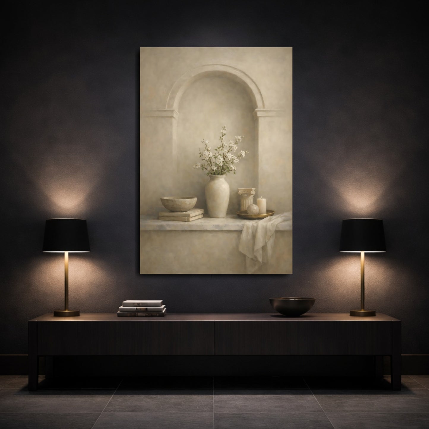 Mockup 2. Vintage Flower Vase Neutral Floral Still Life shown as stretched canvas wall art
