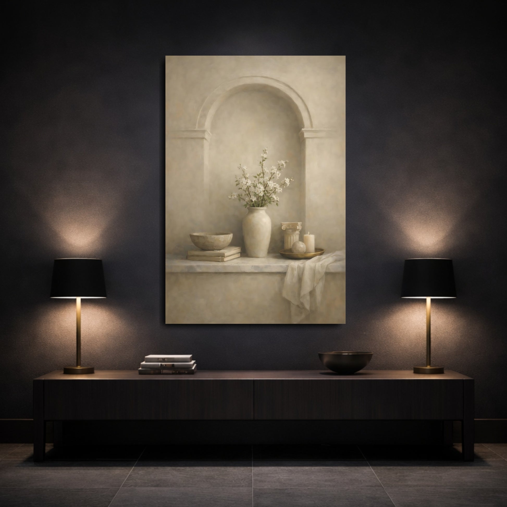 Mockup 2. Vintage Flower Vase Neutral Floral Still Life shown as stretched canvas wall art