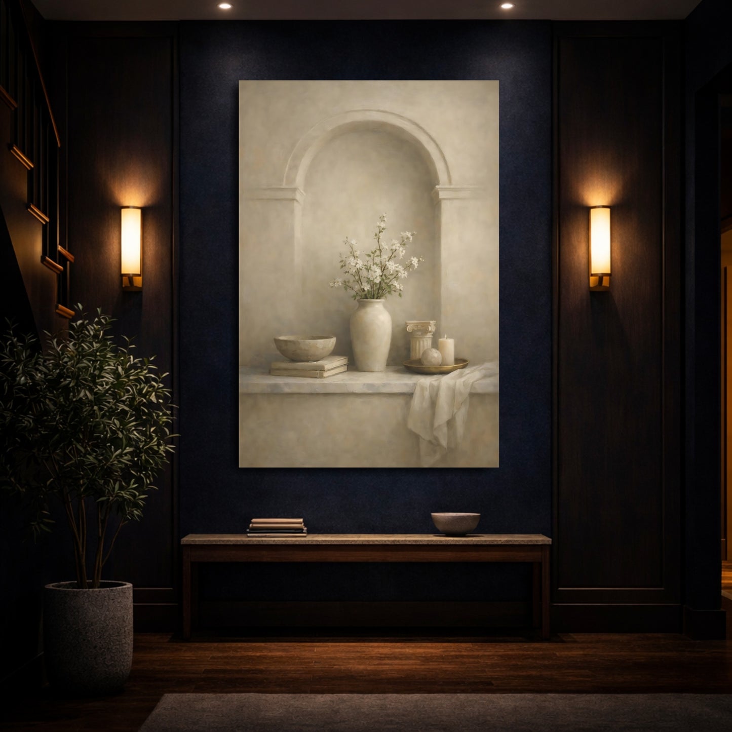 Mockup 3. Vintage Flower Vase Neutral Floral Still Life shown as stretched canvas wall art