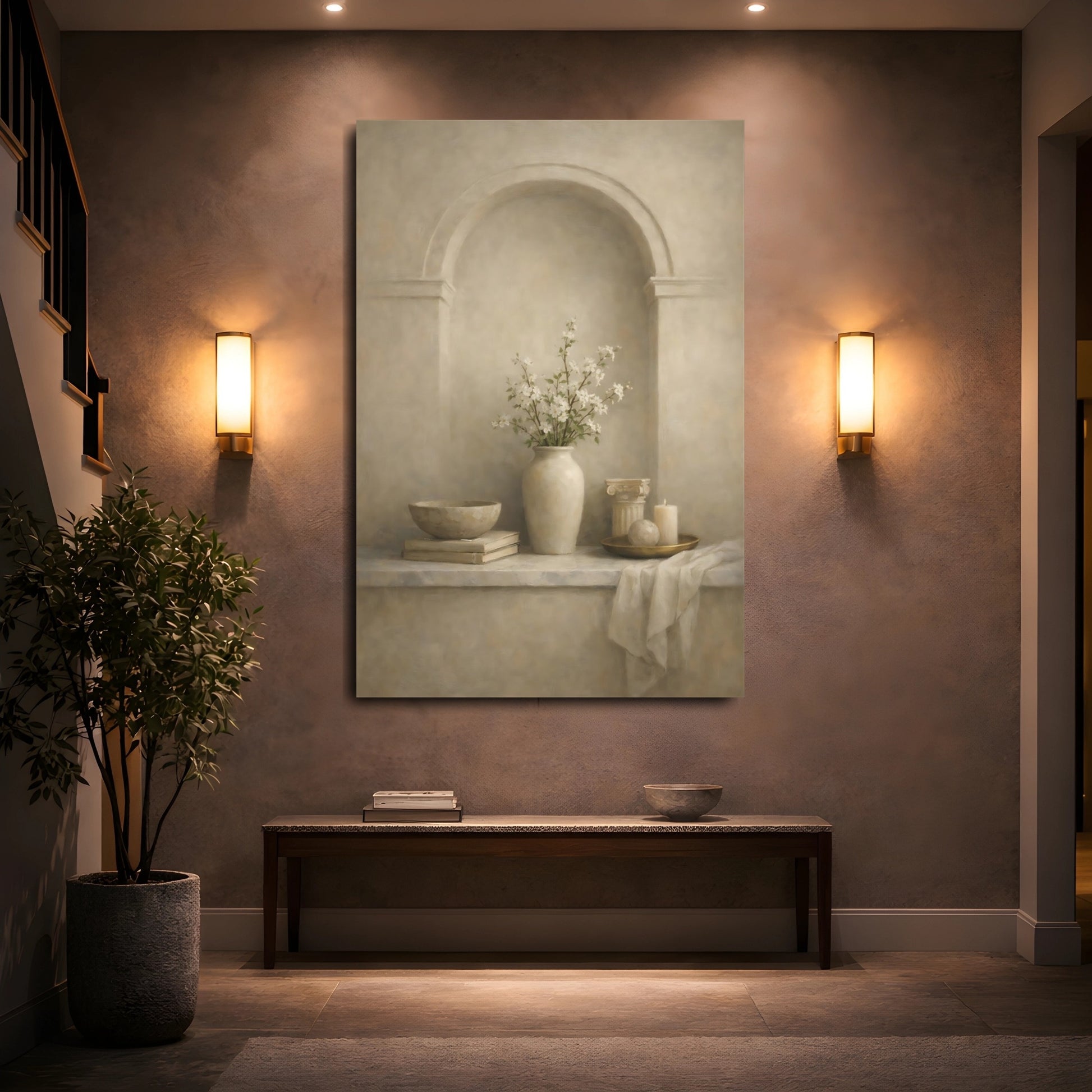 Mockup 4. Vintage Flower Vase Neutral Floral Still Life shown as stretched canvas wall art