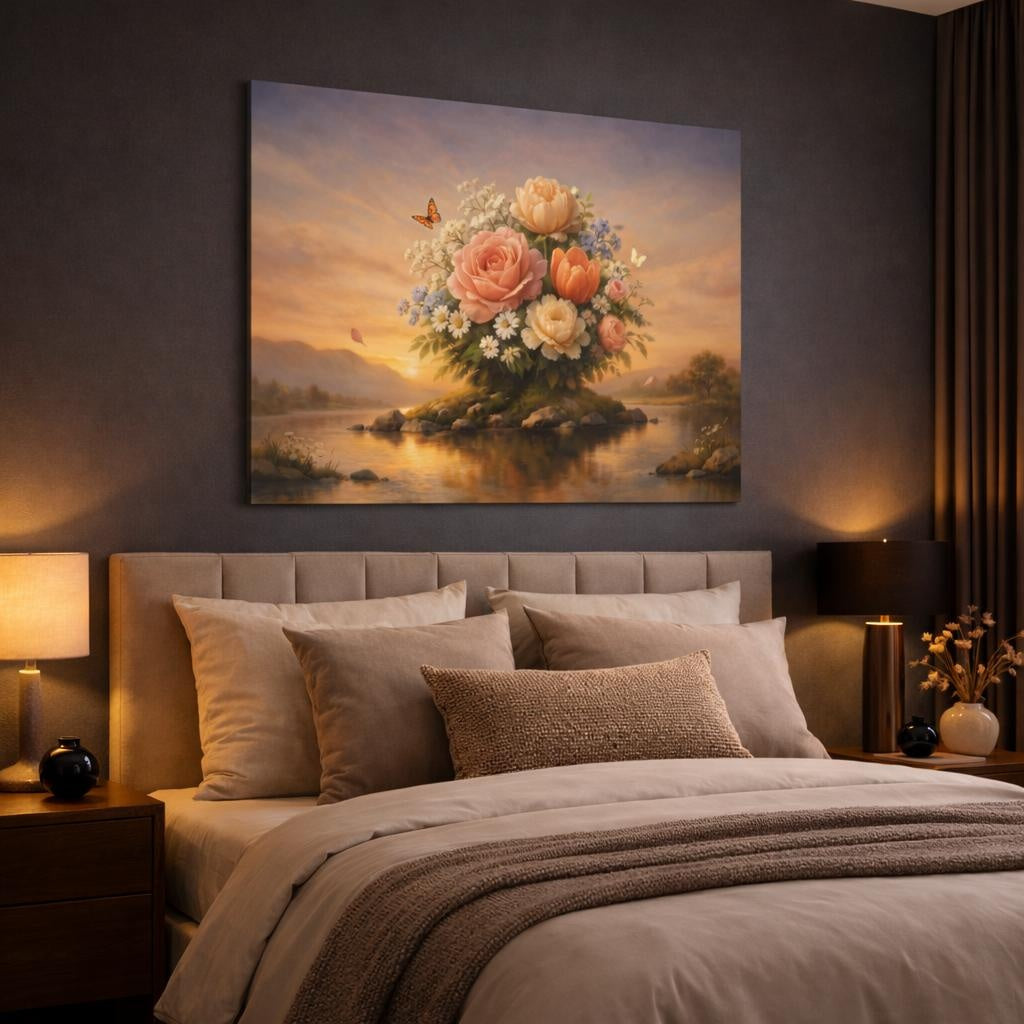 Vintage Flowers Sunset shown as canvas wall art in a luxury bedroom