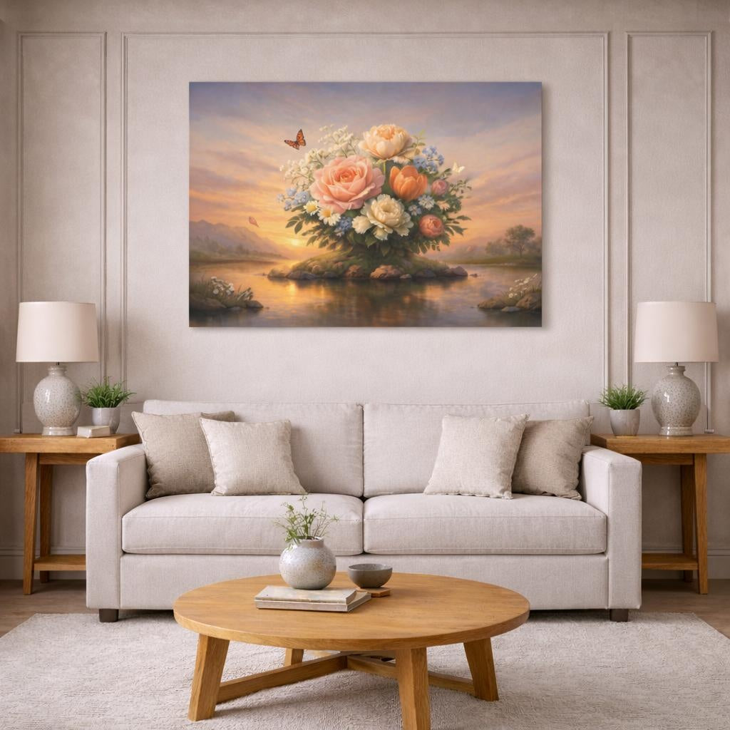 Vintage Flowers Sunset shown as canvas wall art in a modern living room