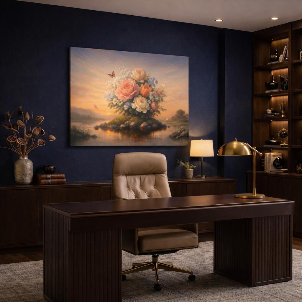 Vintage Flowers Sunset shown as canvas wall art in a refined dining room