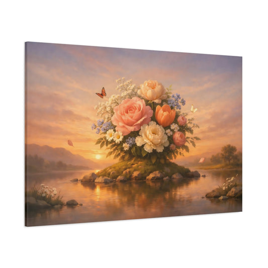 Vintage Flowers Sunset shown as stretched canvas wall art