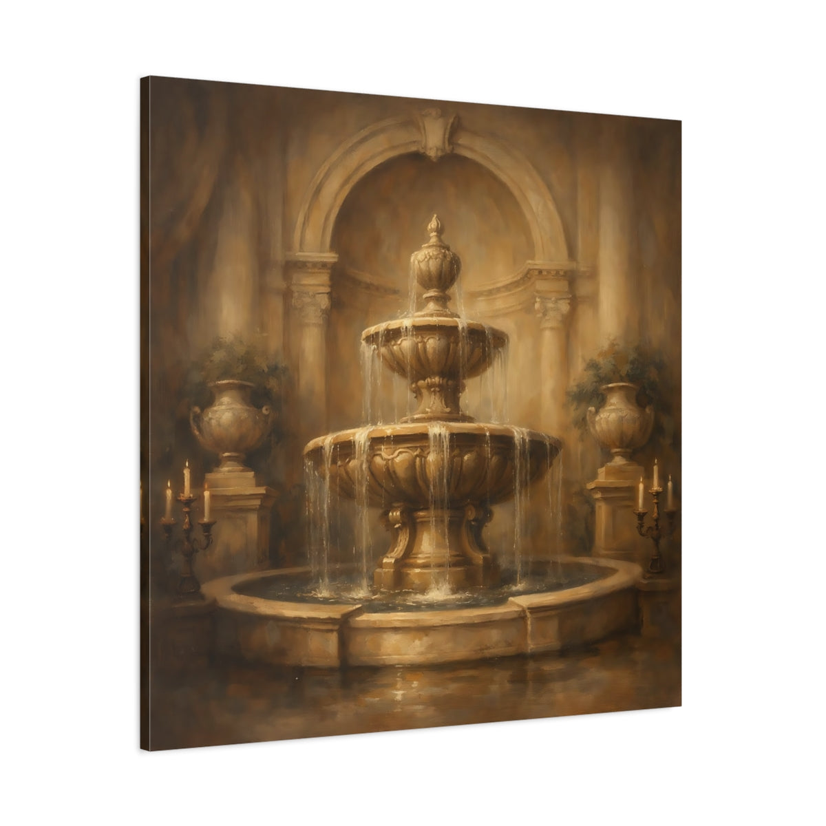 Main Mockup. Vintage Fountain Gold Fountain shown as stretched canvas wall art