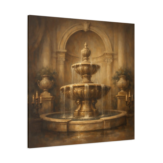 Main Mockup. Vintage Fountain Gold Fountain shown as stretched canvas wall art