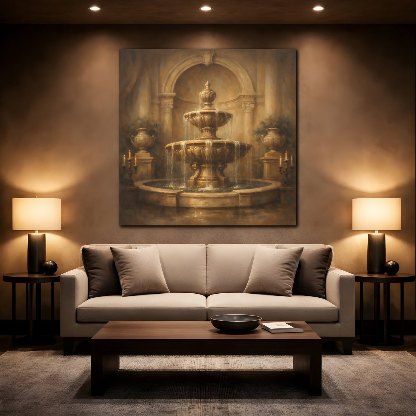 Mockup 2. Vintage Fountain Gold Fountain shown as stretched canvas wall art