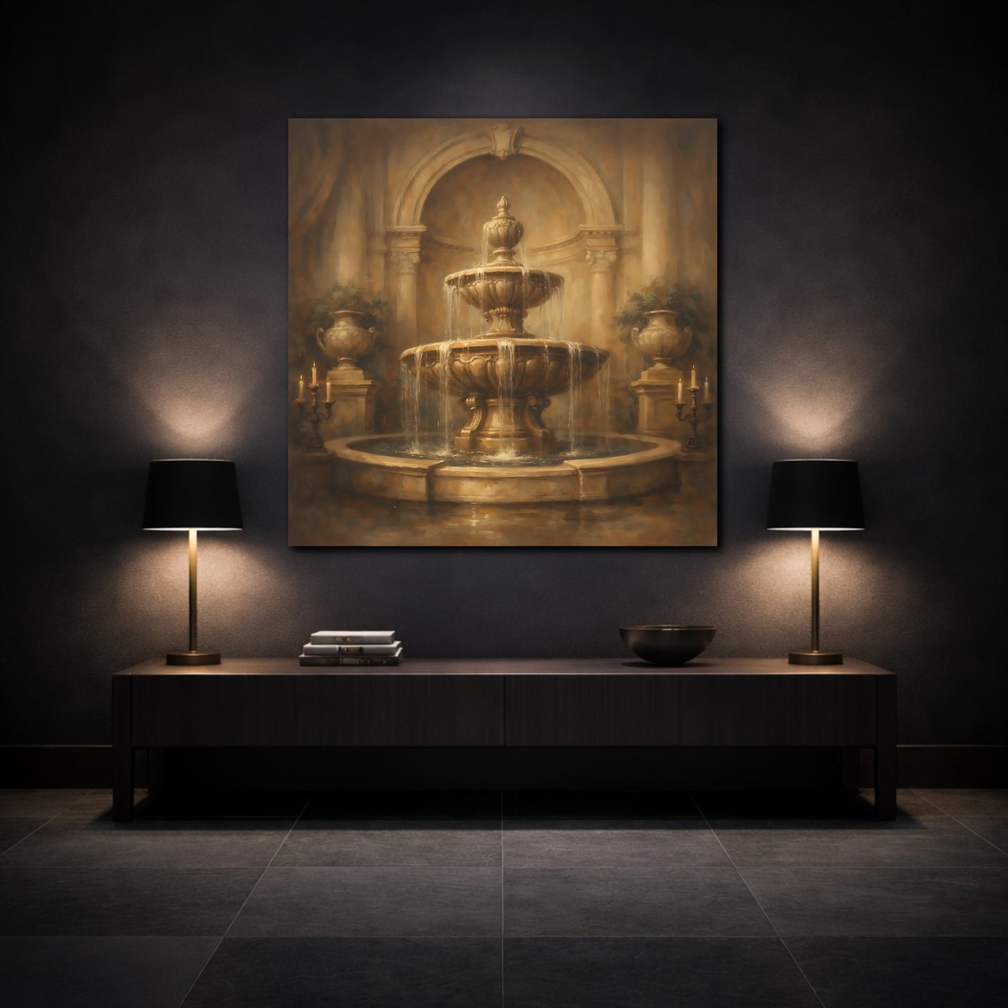 Mockup 3. Vintage Fountain Gold Fountain shown as stretched canvas wall art