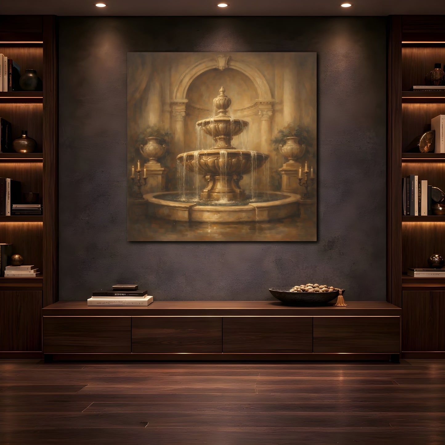 Mockup 4. Vintage Fountain Gold Fountain shown as stretched canvas wall art