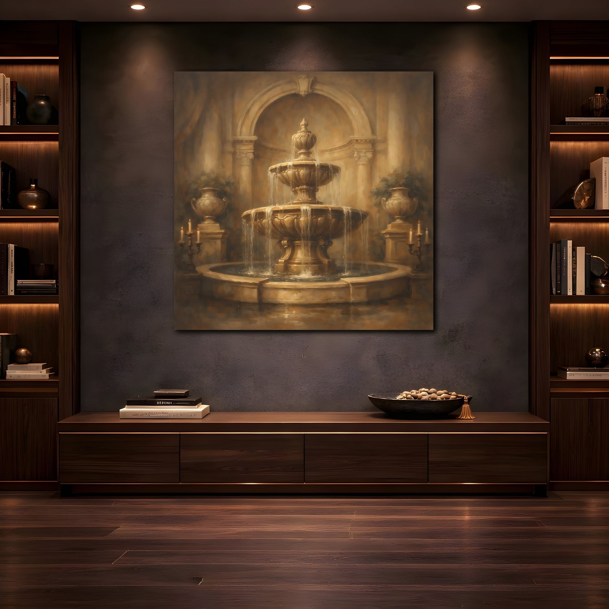 Mockup 4. Vintage Fountain Gold Fountain shown as stretched canvas wall art