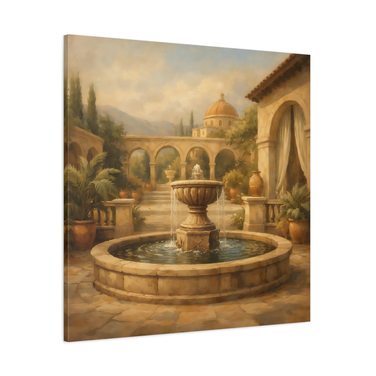 Main Mockup. Vintage Fountain Tuscan Courtyard shown as stretched canvas wall art