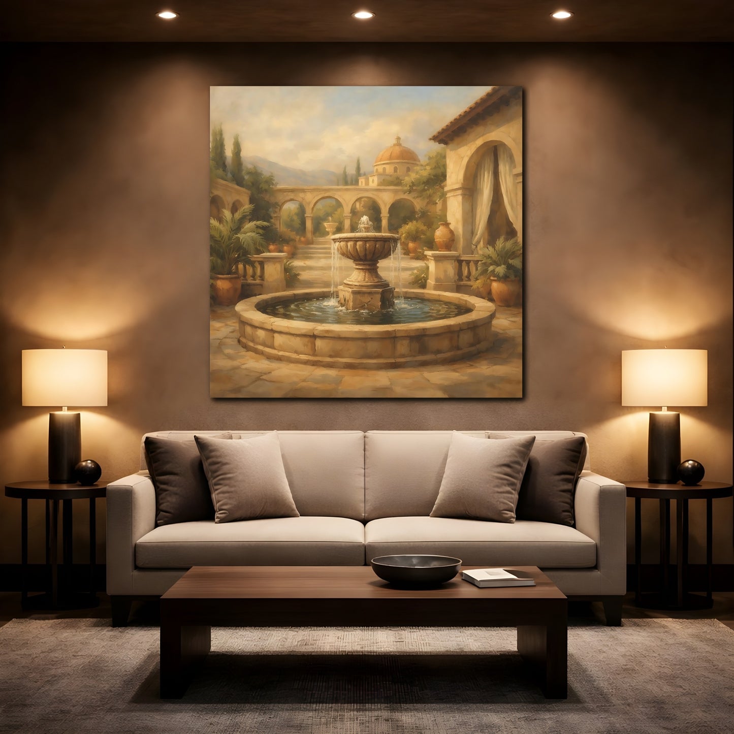 Mockup 2. Vintage Fountain Tuscan Courtyard shown as stretched canvas wall art