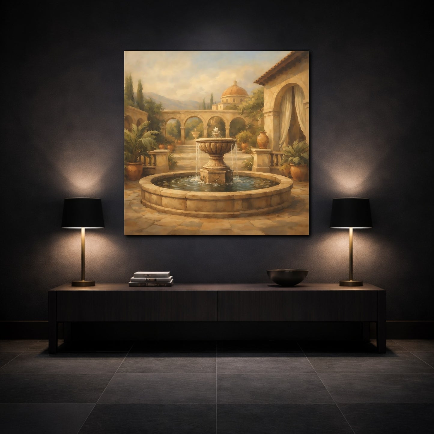 Mockup 3. Vintage Fountain Tuscan Courtyard shown as stretched canvas wall art