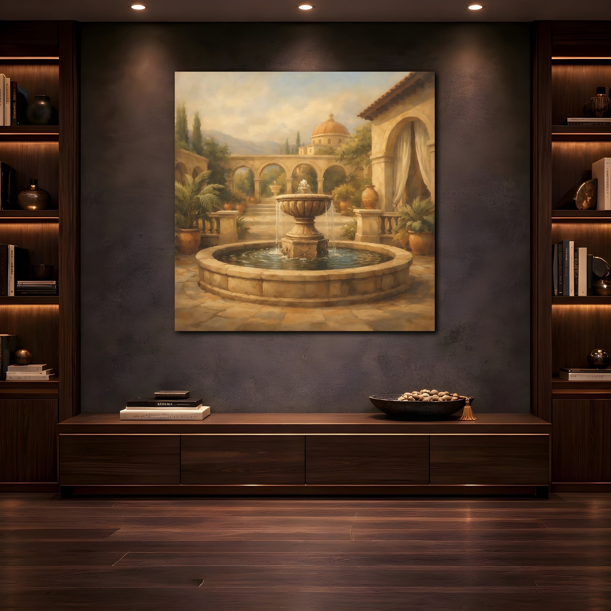 Mockup 4. Vintage Fountain Tuscan Courtyard shown as stretched canvas wall art