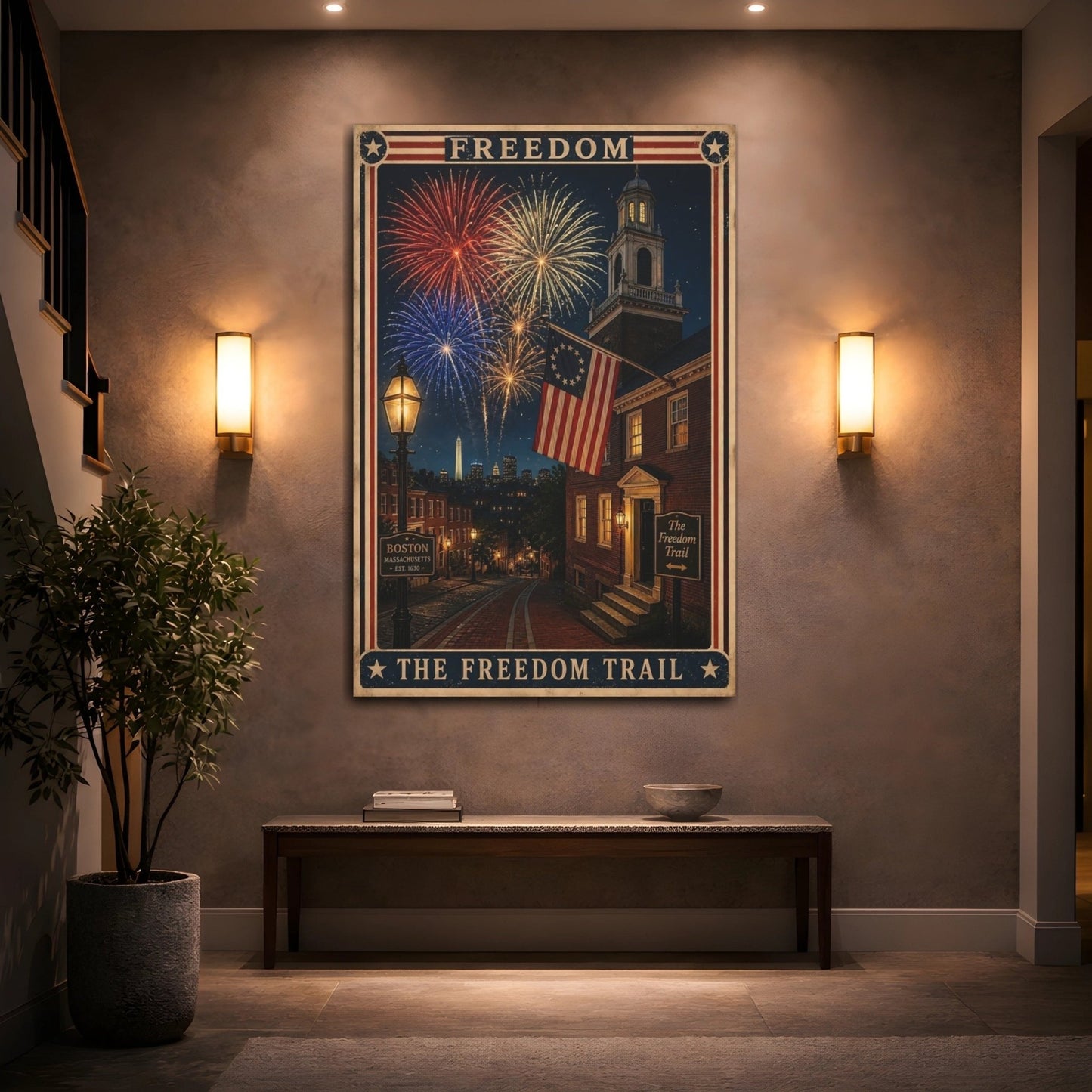 Vintage Freedom Trail Patriotic Americana Canvas Wall Art Print – poster Living Room, Above Fireplace - YesArtYes