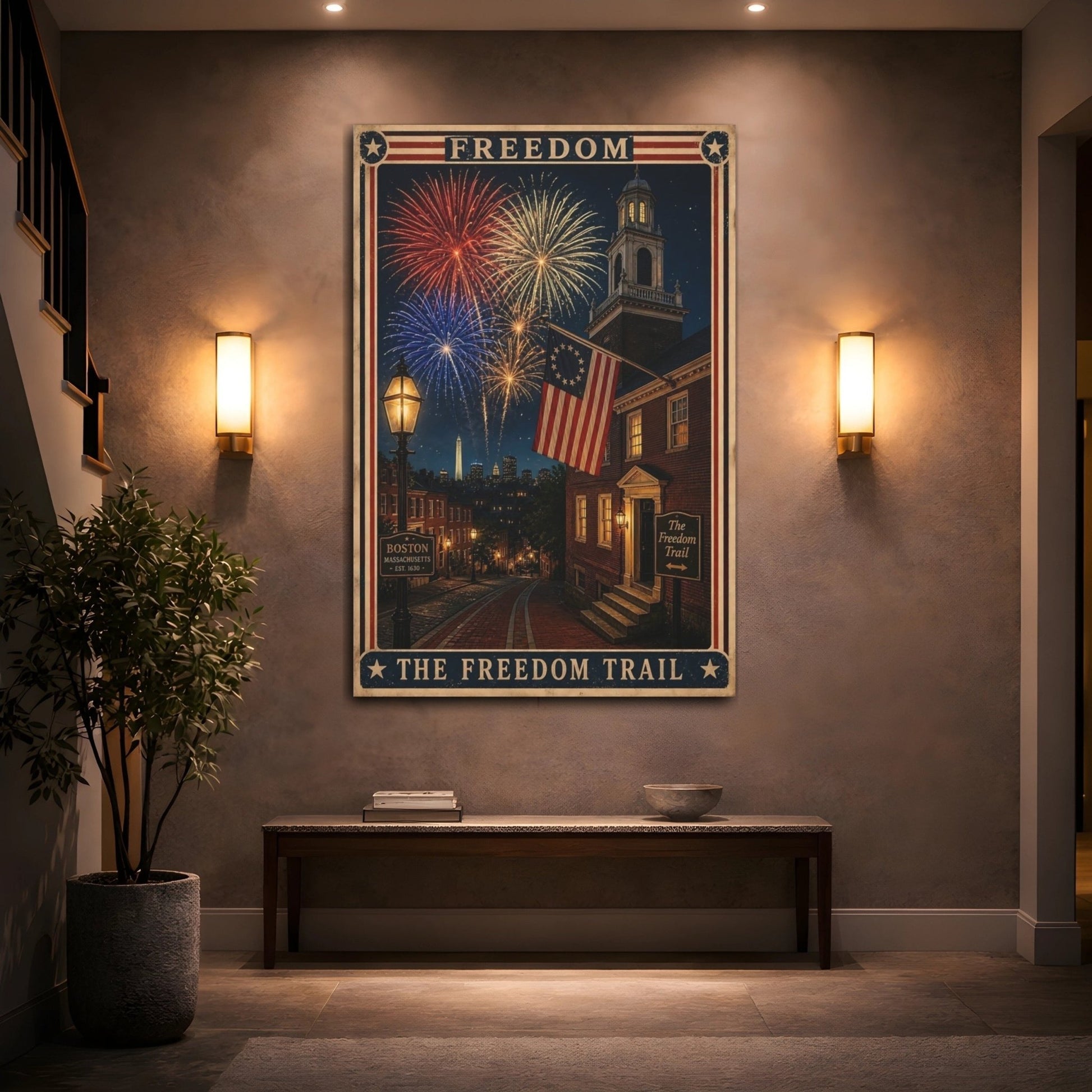Vintage Freedom Trail Patriotic Americana Canvas Wall Art Print – poster Living Room, Above Fireplace - YesArtYes