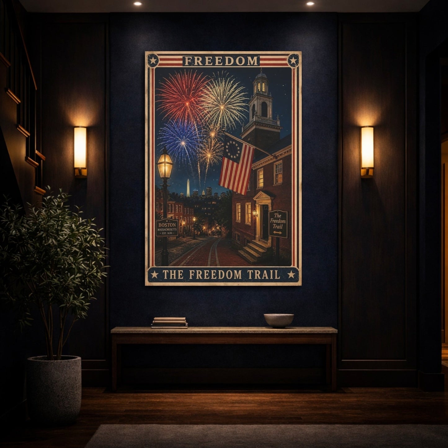 Vintage Freedom Trail Patriotic Americana Canvas Wall Art Print – poster Living Room, Above Fireplace - YesArtYes