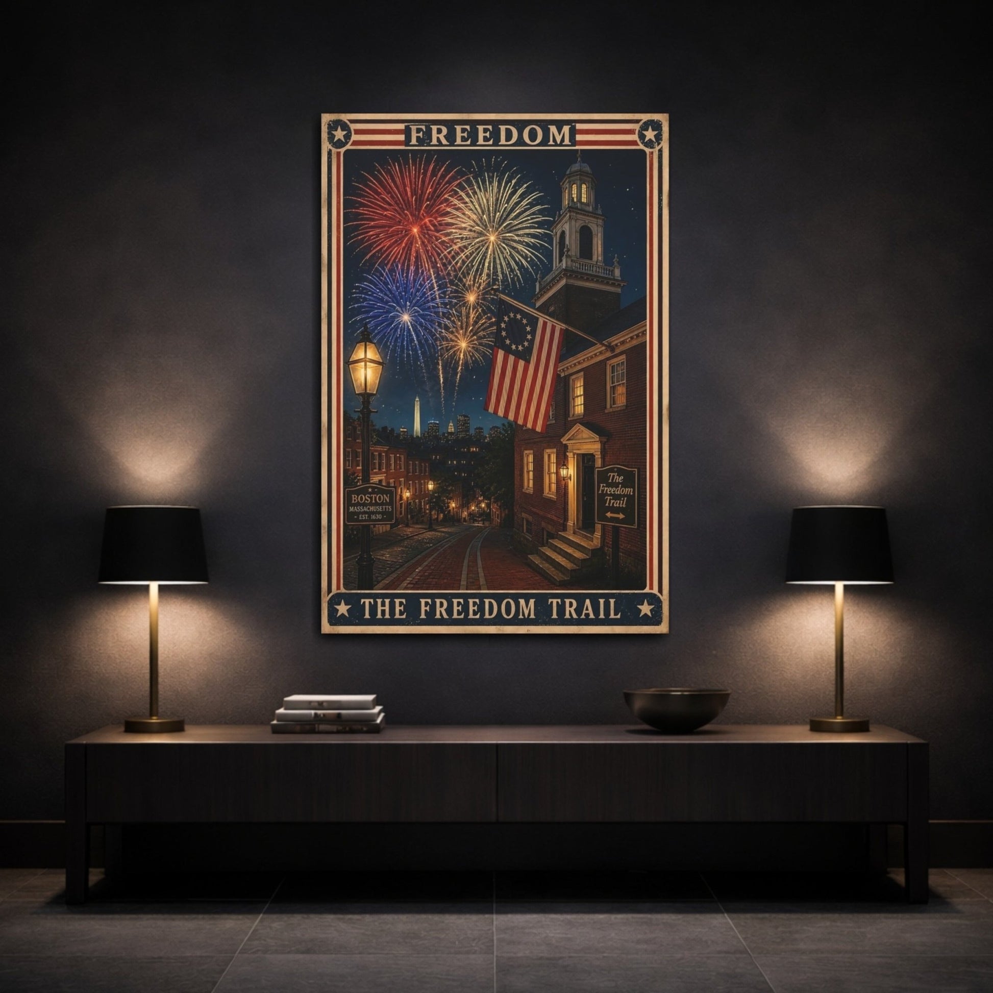 Vintage Freedom Trail Patriotic Americana Canvas Wall Art Print – poster Living Room, Above Fireplace - YesArtYes