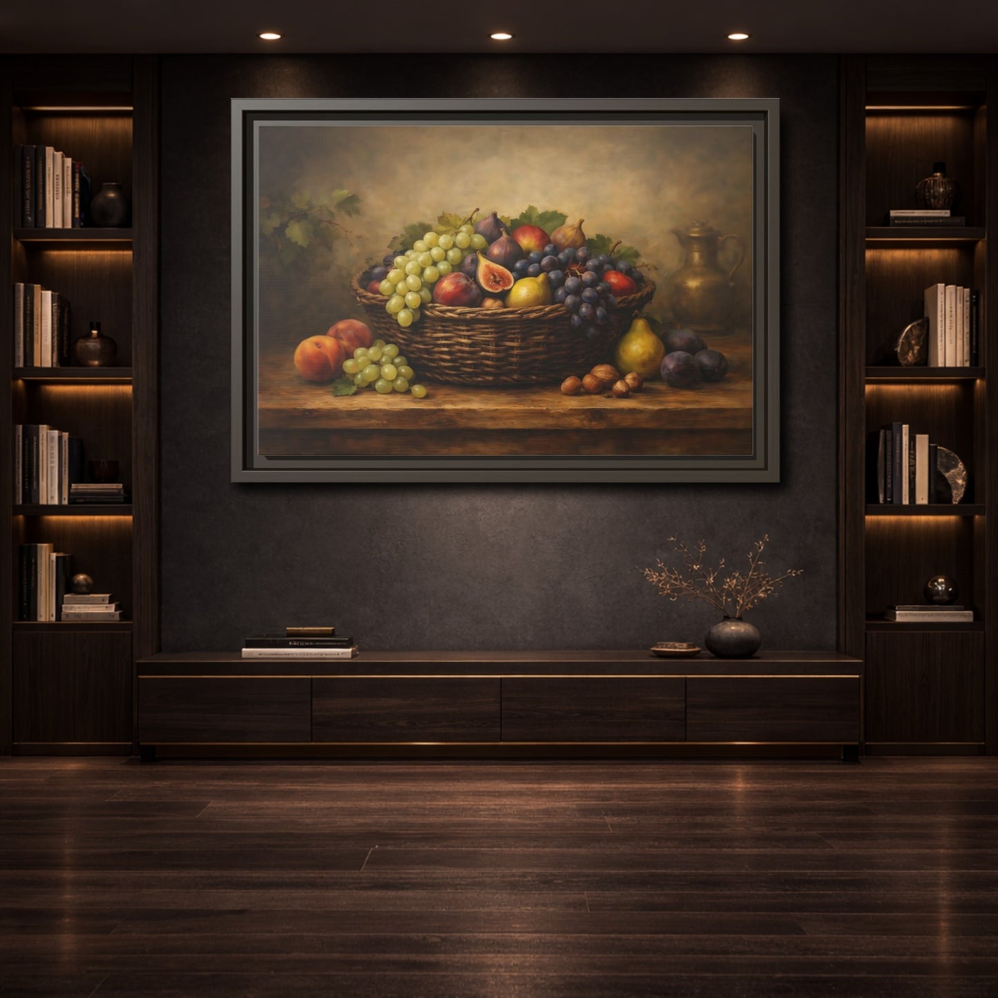 Mockup 3. Vintage Fruit Basket Rich Fruit Still Life shown as stretched canvas wall art