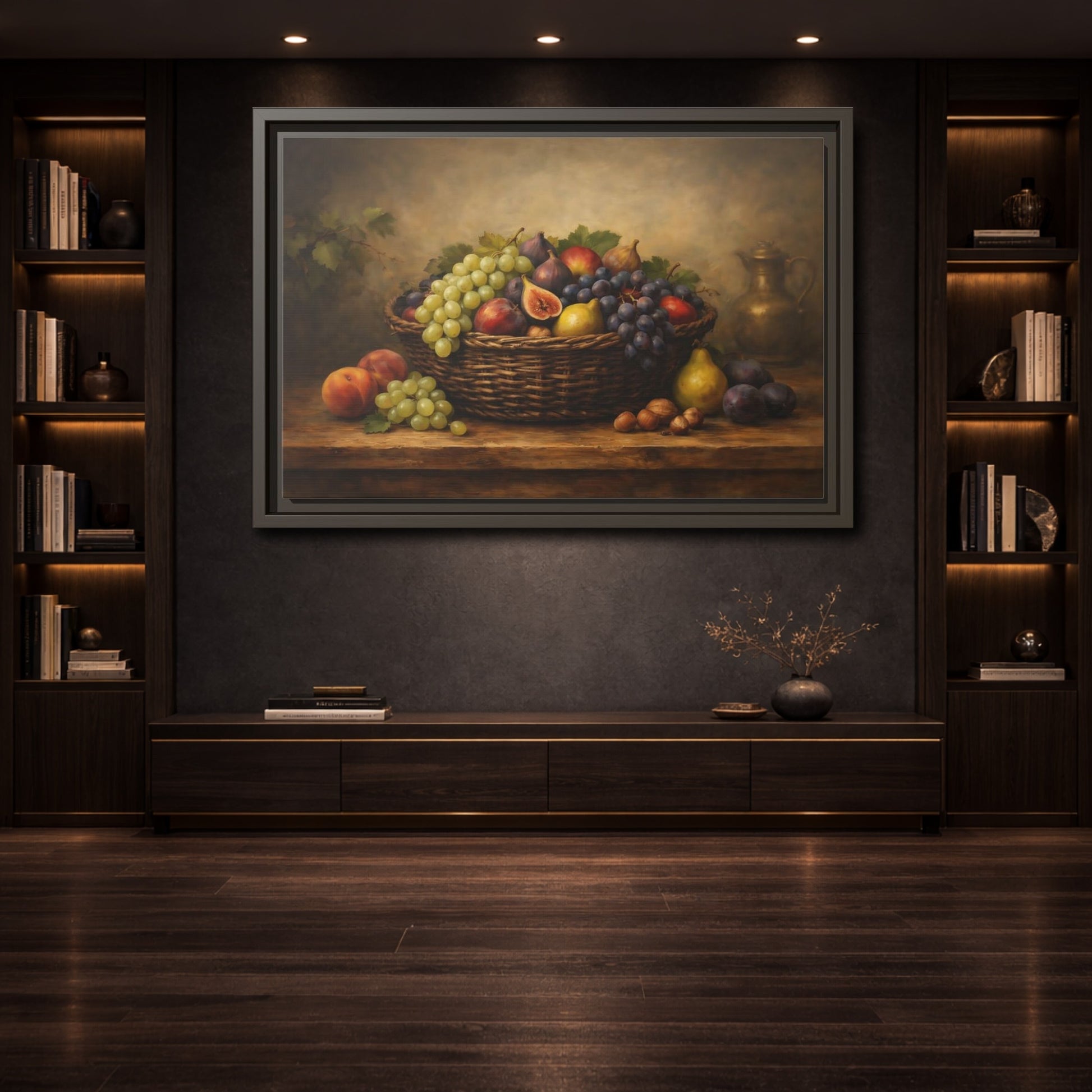 Mockup 3. Vintage Fruit Basket Rich Fruit Still Life shown as stretched canvas wall art