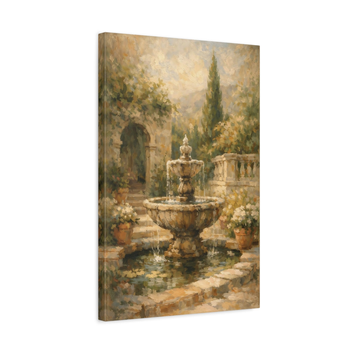 Side Mockup 3. Vintage Garden Fountain Brown Garden Fountain shown as stretched canvas wall art