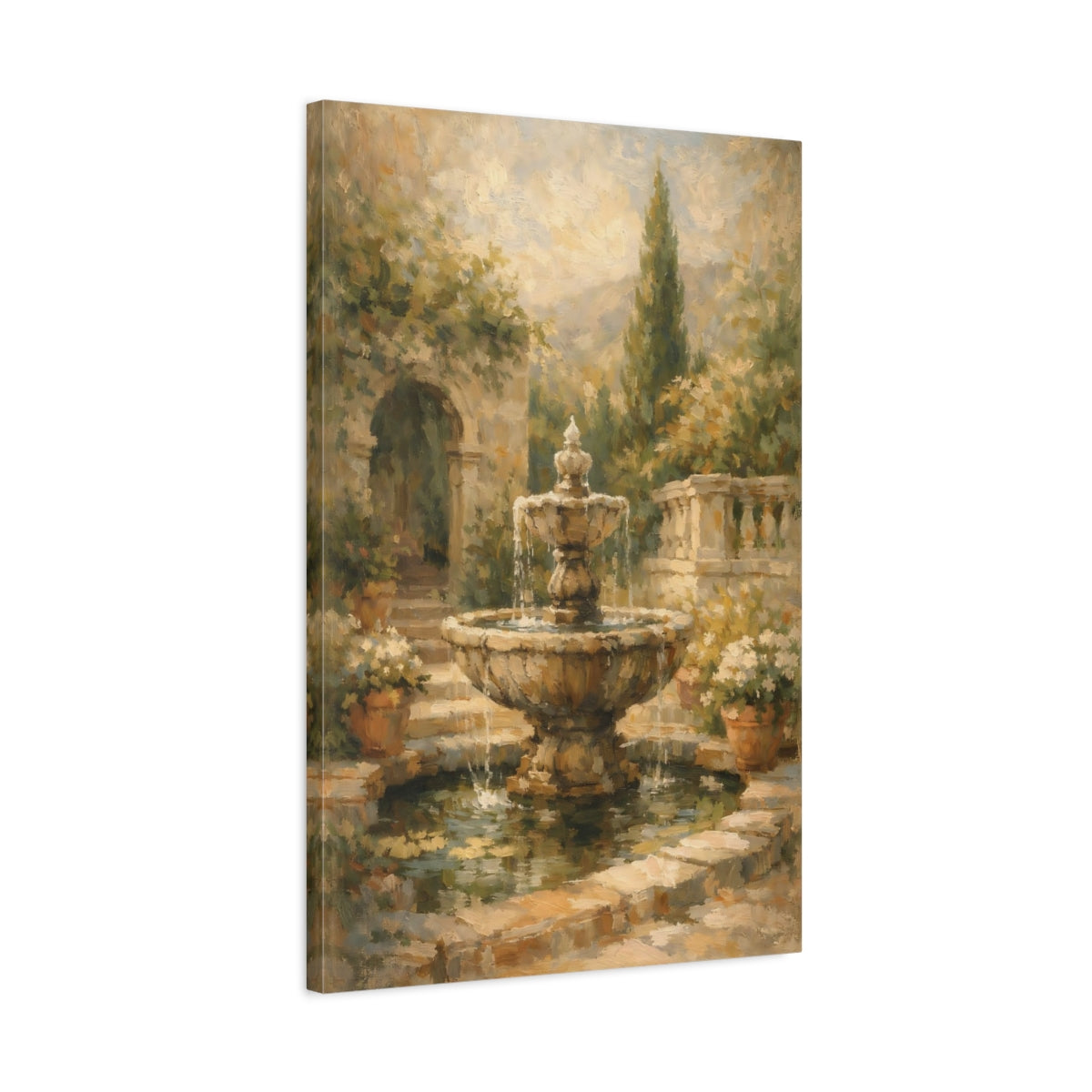 Side Mockup 2. Vintage Garden Fountain Brown Garden Fountain shown as stretched canvas wall art