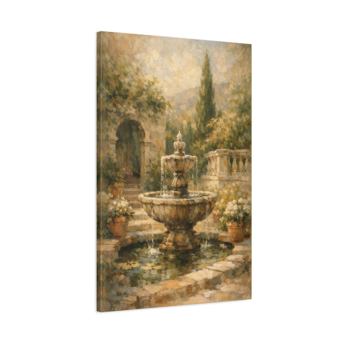 Side Mockup 1. Vintage Garden Fountain Brown Garden Fountain shown as stretched canvas wall art