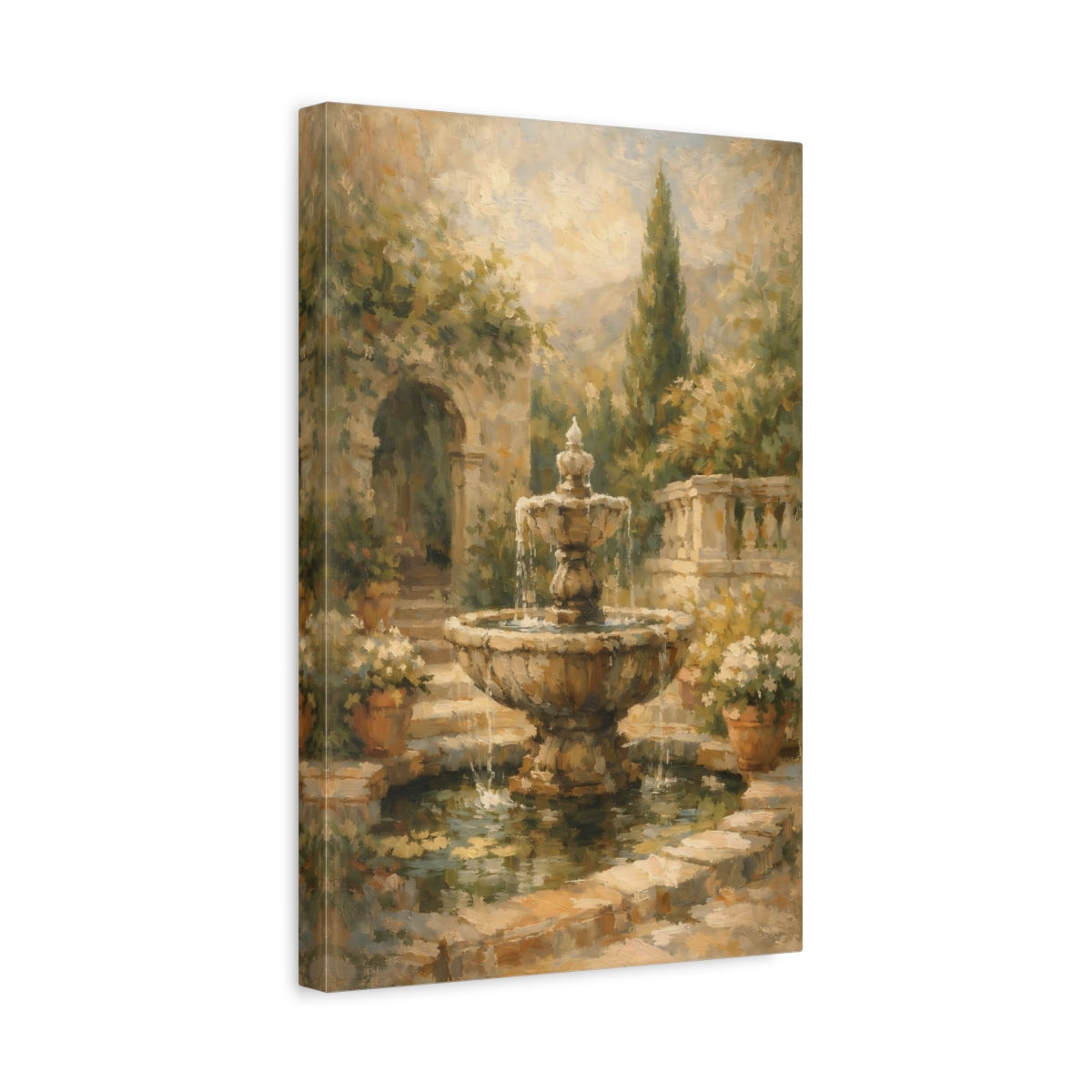 Side Mockup 4. Vintage Garden Fountain Brown Garden Fountain shown as stretched canvas wall art