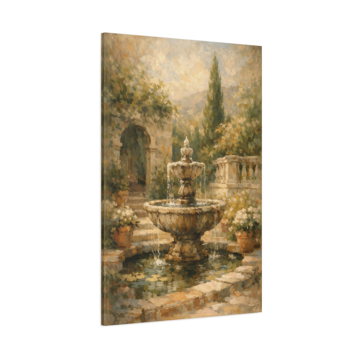 Main Mockup. Vintage Garden Fountain Brown Garden Fountain shown as stretched canvas wall art