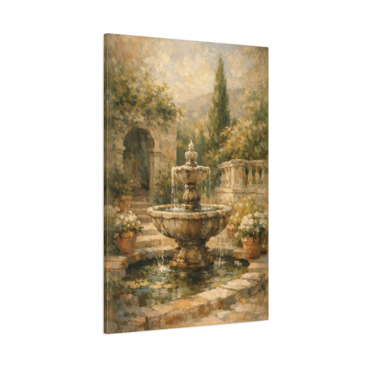 Main Mockup. Vintage Garden Fountain Brown Garden Fountain shown as stretched canvas wall art