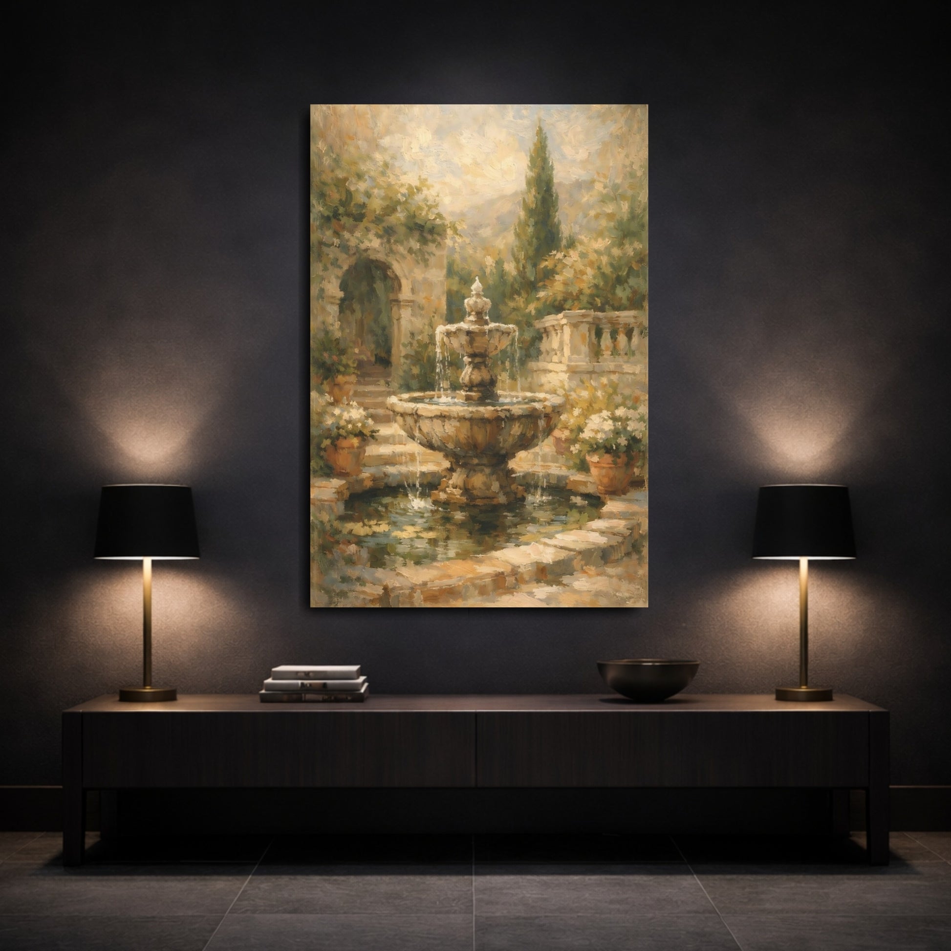 Mockup 2. Vintage Garden Fountain Brown Garden Fountain shown as stretched canvas wall art