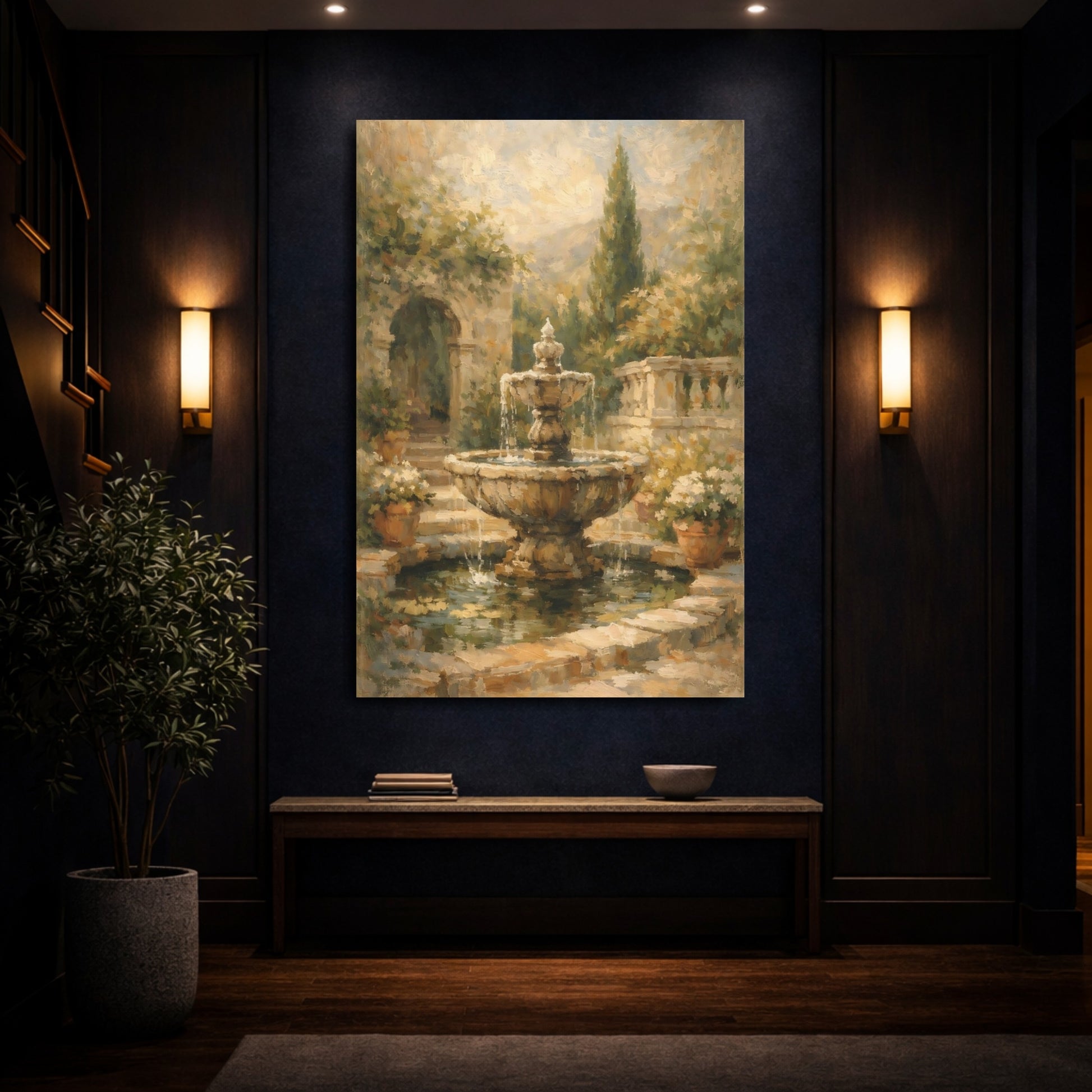 Mockup 3. Vintage Garden Fountain Brown Garden Fountain shown as stretched canvas wall art