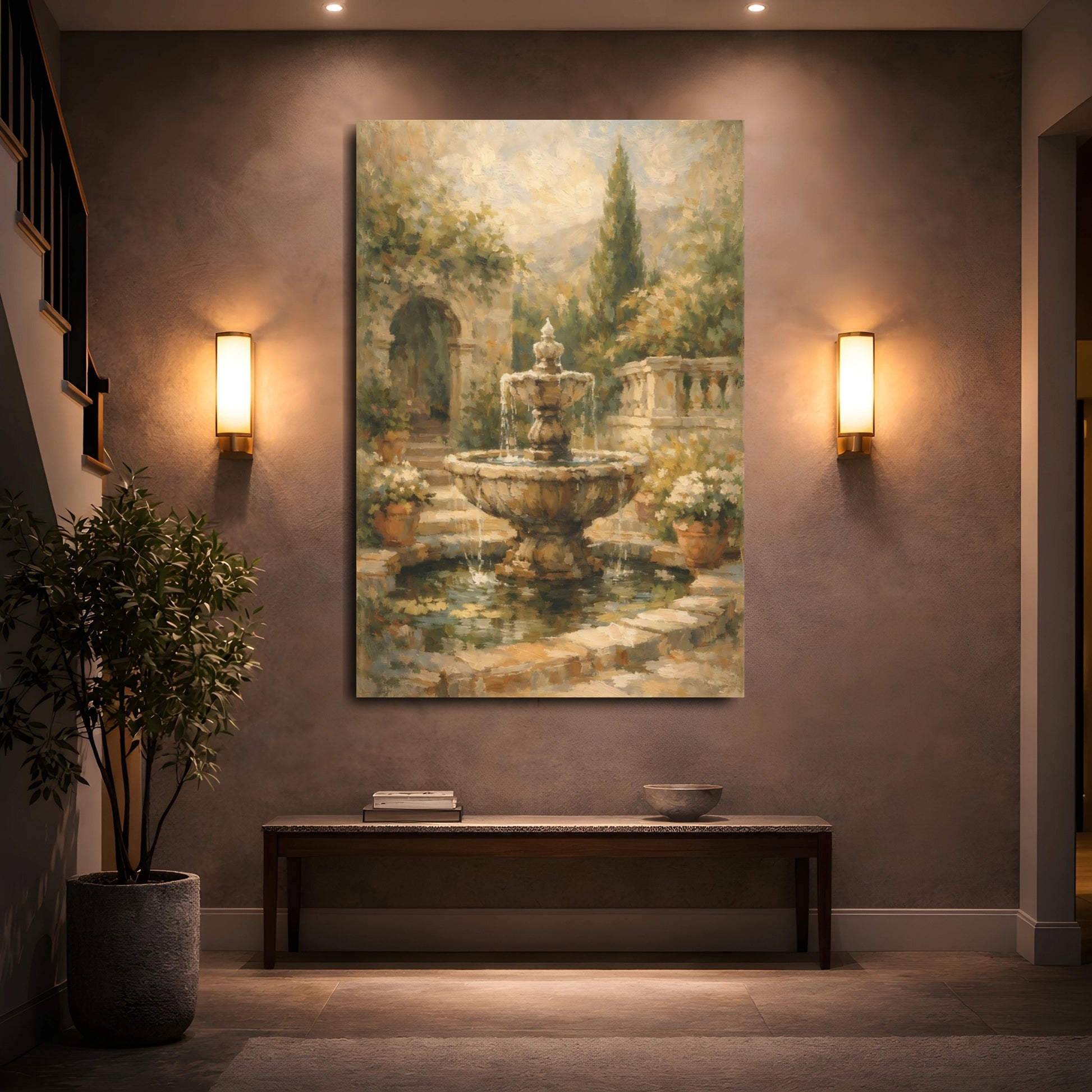 Mockup 4. Vintage Garden Fountain Brown Garden Fountain shown as stretched canvas wall art