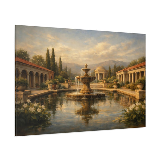 Main Mockup. Vintage Garden Fountain Golden Brown Landscape shown as stretched canvas wall art