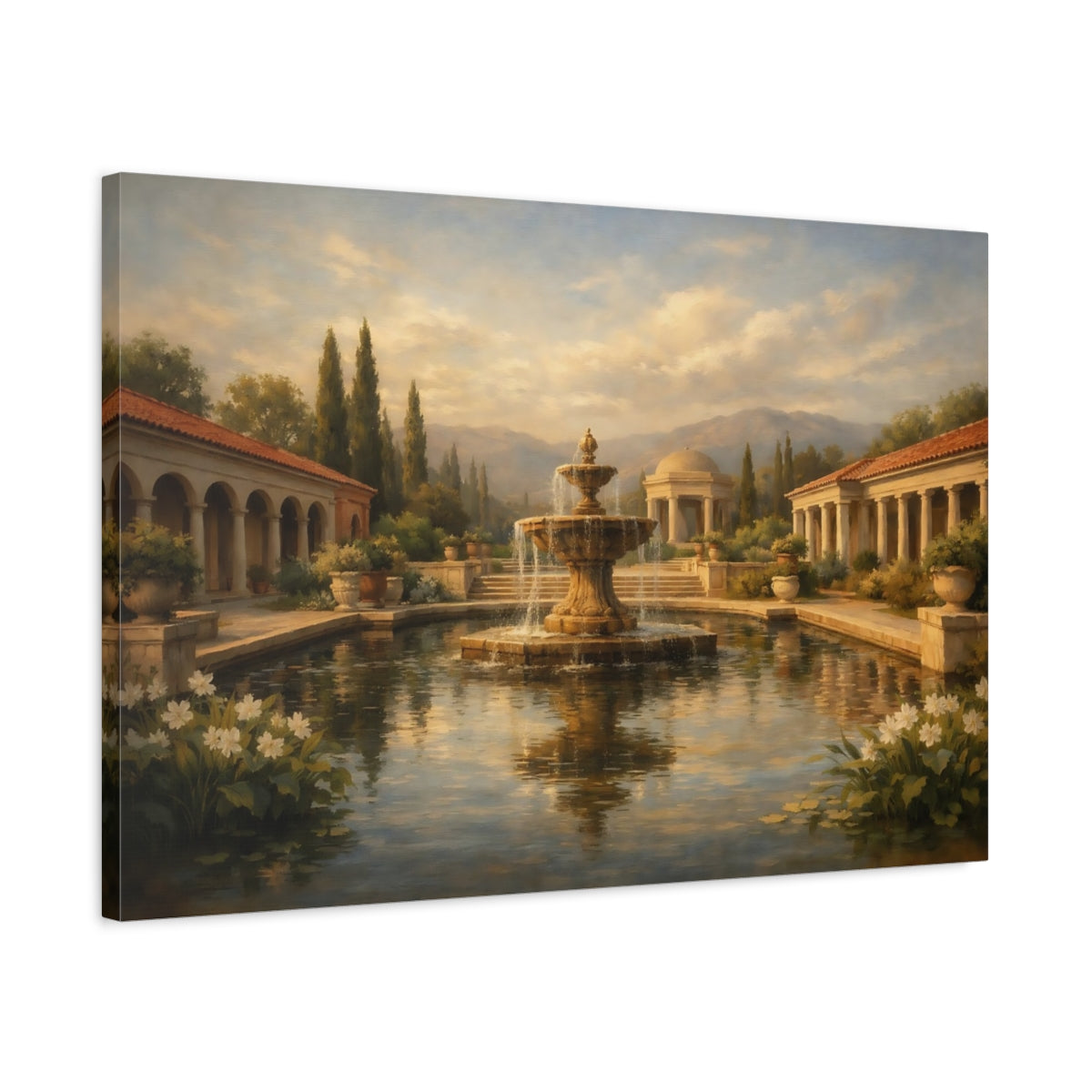 Side Mockup 2. Vintage Garden Fountain Golden Brown Landscape shown as stretched canvas wall art