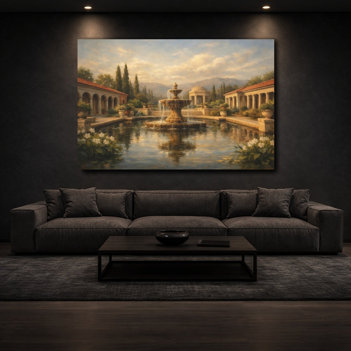 Mockup 2. Vintage Garden Fountain Golden Brown Landscape shown as stretched canvas wall art