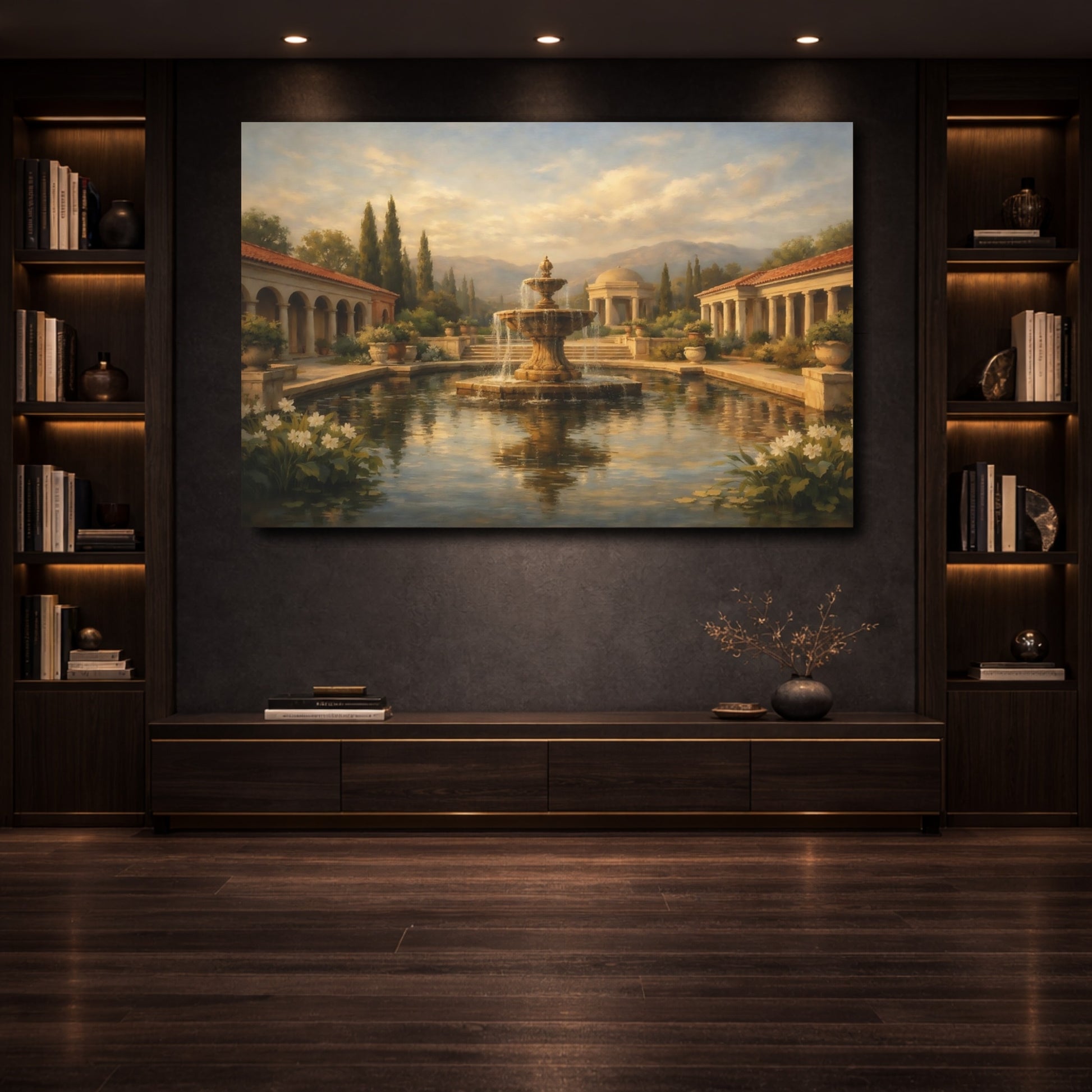 Mockup 3. Vintage Garden Fountain Golden Brown Landscape shown as stretched canvas wall art