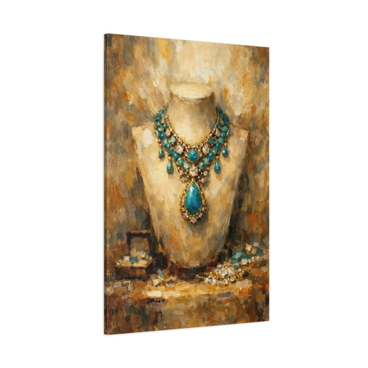 Main Mockup. Vintage Gemstone Necklace Blue Gold Jewelry shown as stretched canvas wall art