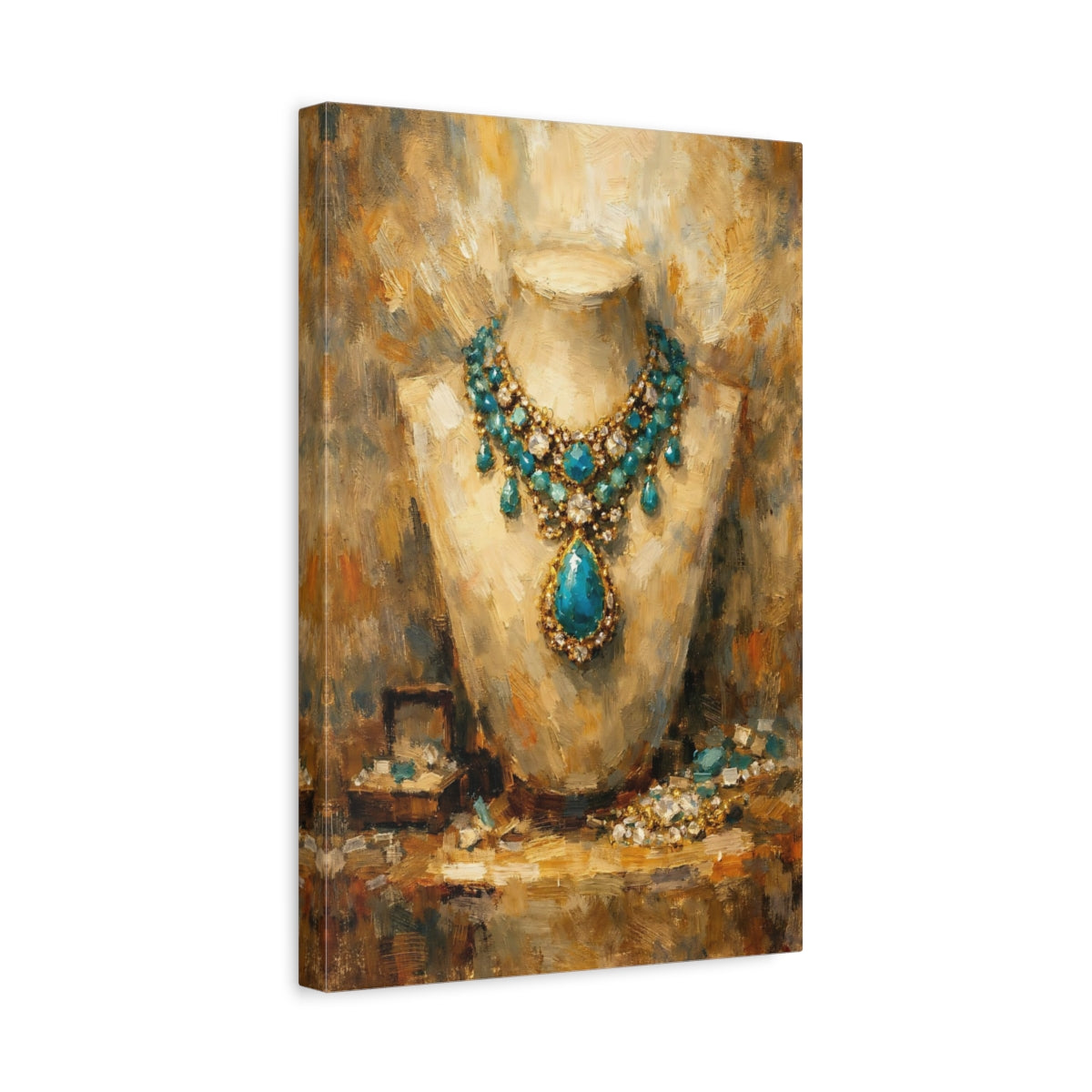 Side Mockup 4. Vintage Gemstone Necklace Blue Gold Jewelry shown as stretched canvas wall art