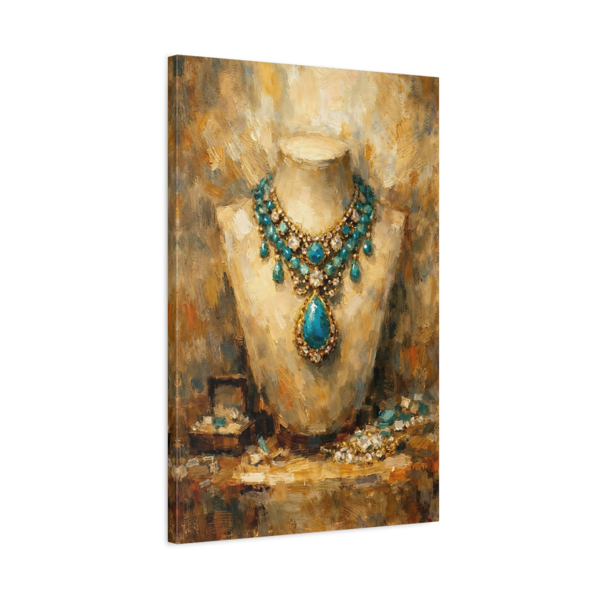 Side Mockup 2. Vintage Gemstone Necklace Blue Gold Jewelry shown as stretched canvas wall art