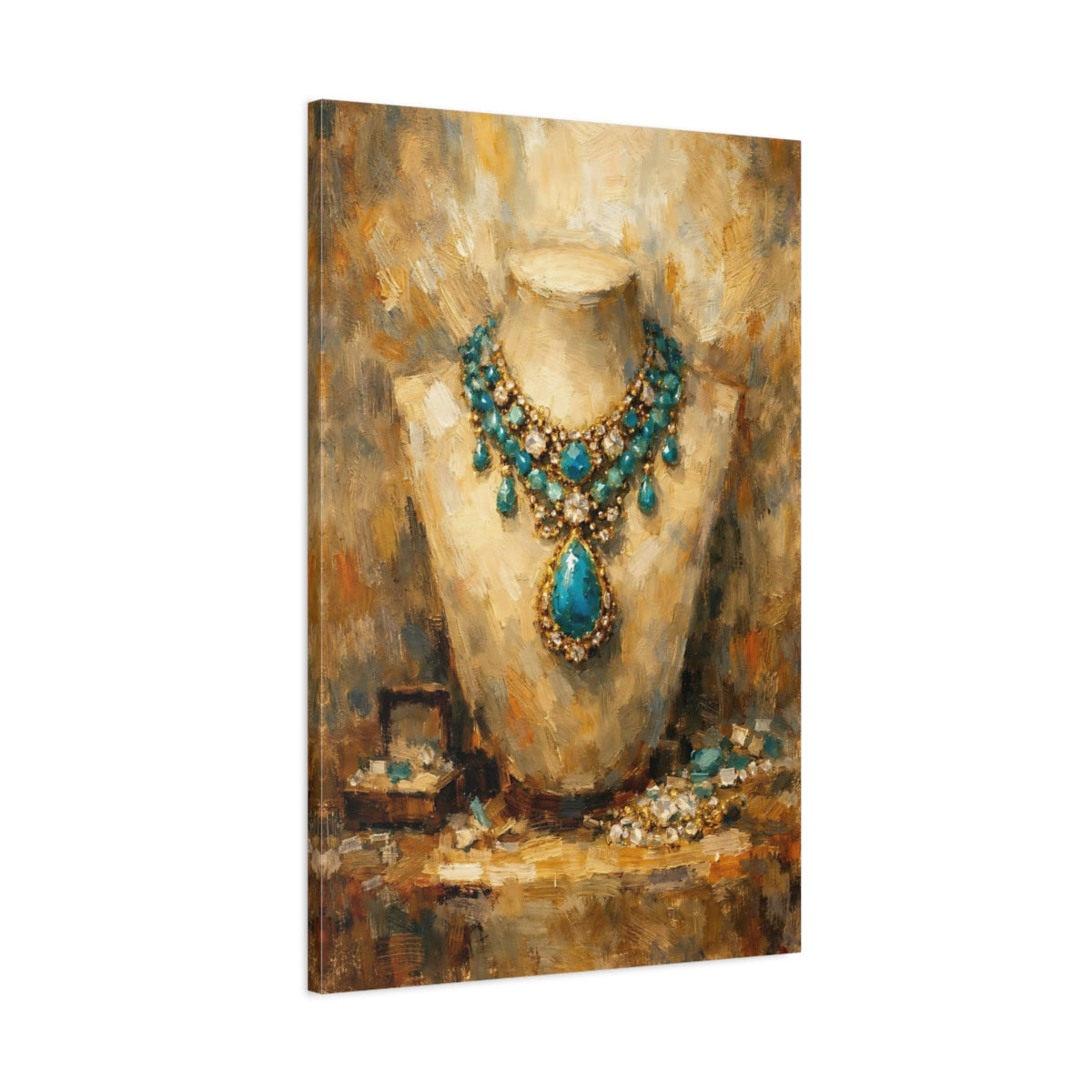 Side Mockup 1. Vintage Gemstone Necklace Blue Gold Jewelry shown as stretched canvas wall art