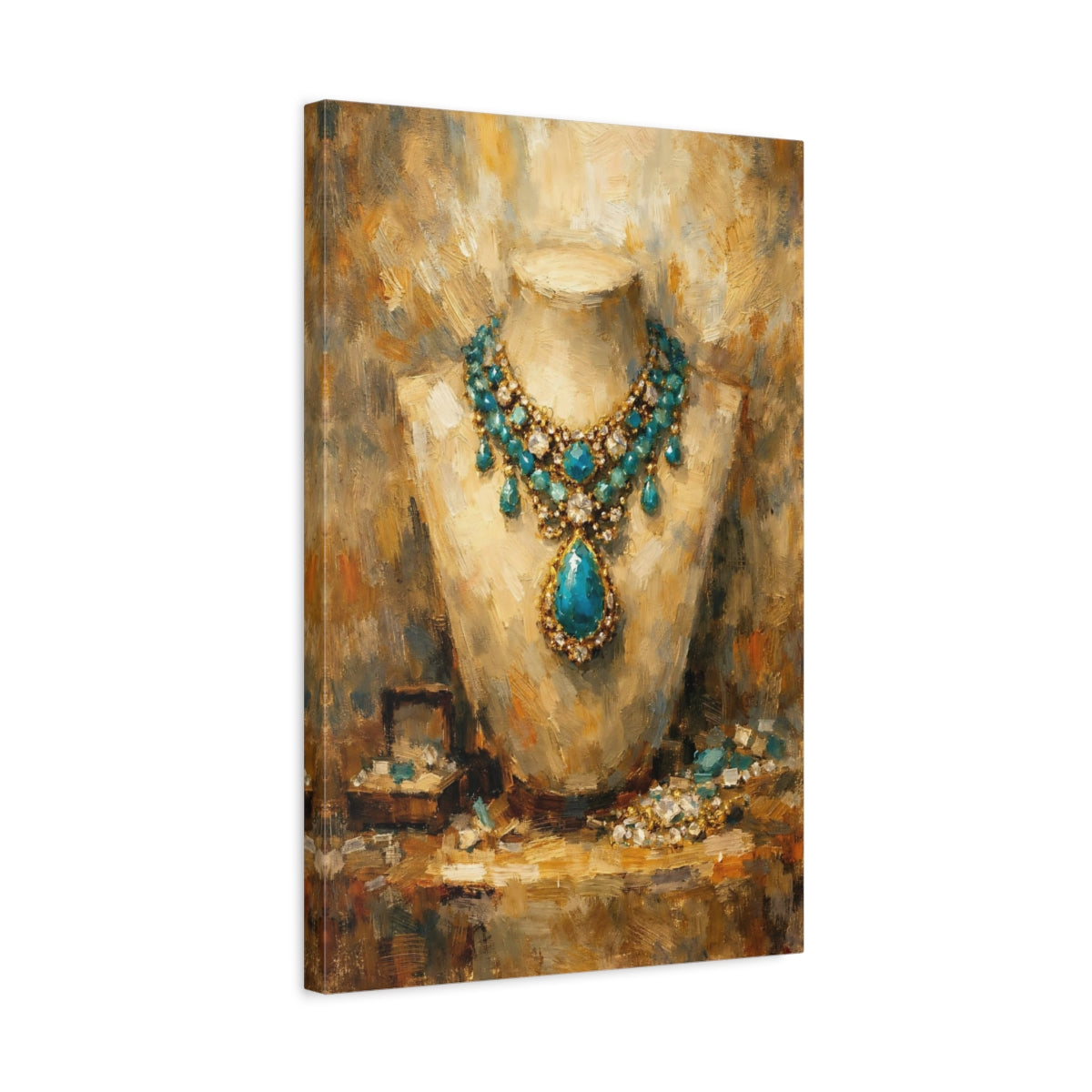 Side Mockup 3. Vintage Gemstone Necklace Blue Gold Jewelry shown as stretched canvas wall art