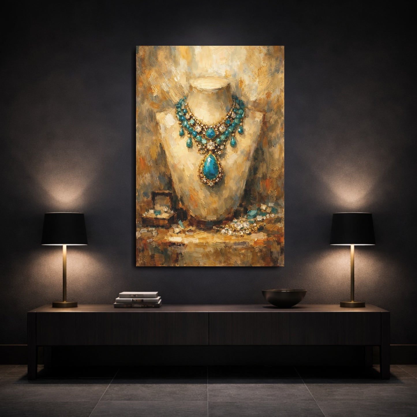 Mockup 2. Vintage Gemstone Necklace Blue Gold Jewelry shown as stretched canvas wall art