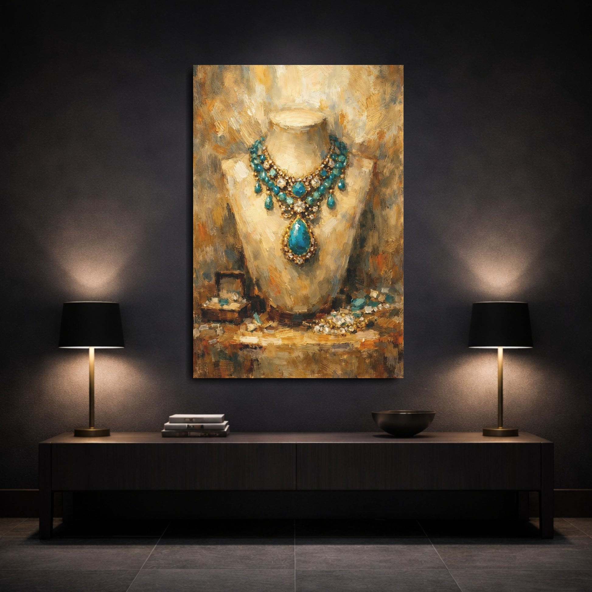 Mockup 2. Vintage Gemstone Necklace Blue Gold Jewelry shown as stretched canvas wall art