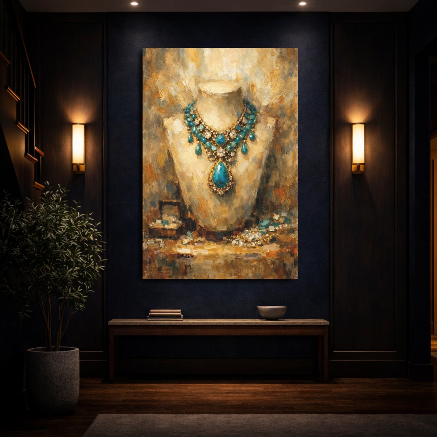 Mockup 3. Vintage Gemstone Necklace Blue Gold Jewelry shown as stretched canvas wall art
