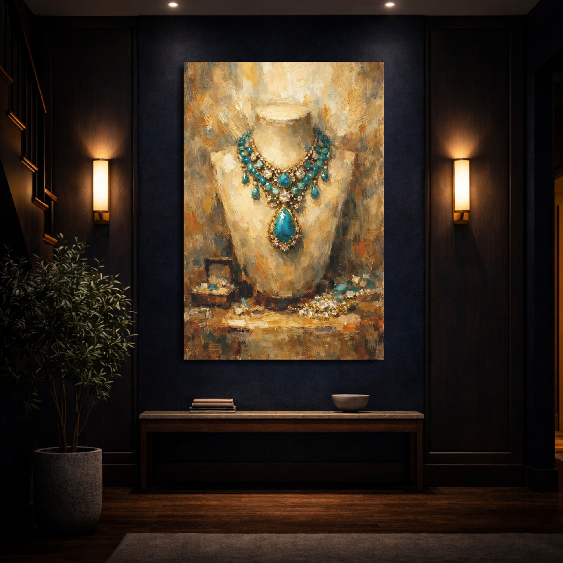 Mockup 3. Vintage Gemstone Necklace Blue Gold Jewelry shown as stretched canvas wall art